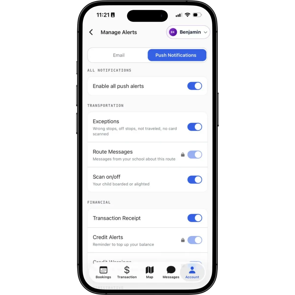 Parent App Manage Alerts screen with Email and Push Notifications tabs and per-alert toggles, with route messages and credit alerts locked on